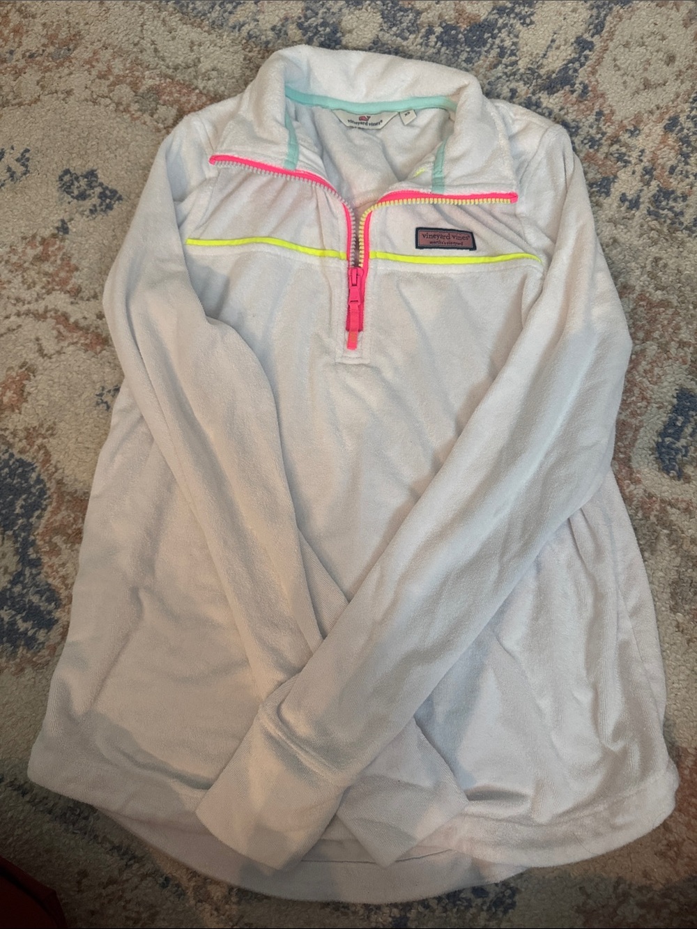 Vineyard Vines White Fleece Quarter-Zip with Neon Pink and Neon Yellow Trim